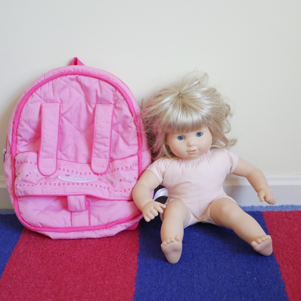 American Girl Bitty Baby Doll Blonde Hair Blue Eyes with Pink Backpack Carrier